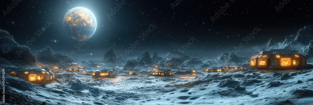 Aufkleber concept of modular spaces on an extraterrestrial landscape with bright moon and distant planets