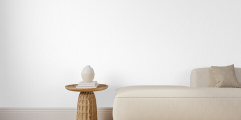 Transparent Wall Mockup PNG of Side Table with Books, Ceramic Vase and Minimalist Couch –...