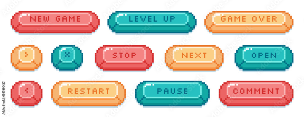 Aufkleber vector set of pixel art open, pause, next, stop, level up color buttons. pixelated video game symbol
