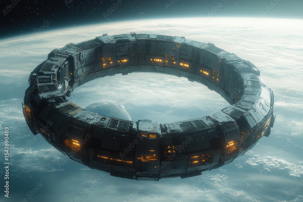 Poster futuristic space station orbits an unknown celestial body in deep space