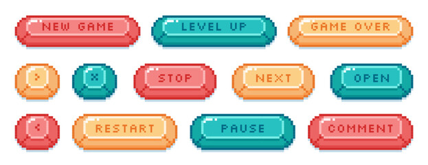Vector set of pixel art open, pause, next, stop, level up color buttons. Pixelated video game symbols, frame, interface menu icons in 8bit retro style. Vector ui elements for mobile app, arcade design