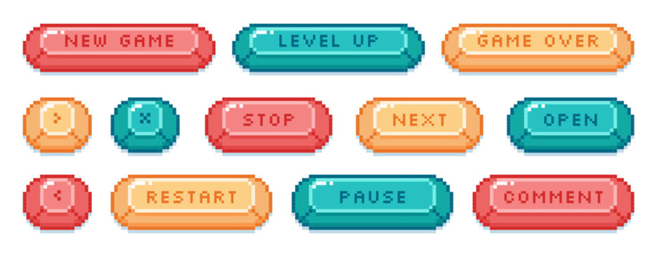 Vector set of pixel art open, pause, next, stop, level up color buttons. Pixelated video game symbols, frame, interface menu icons in 8bit retro style. Vector ui elements for mobile app, arcade design
