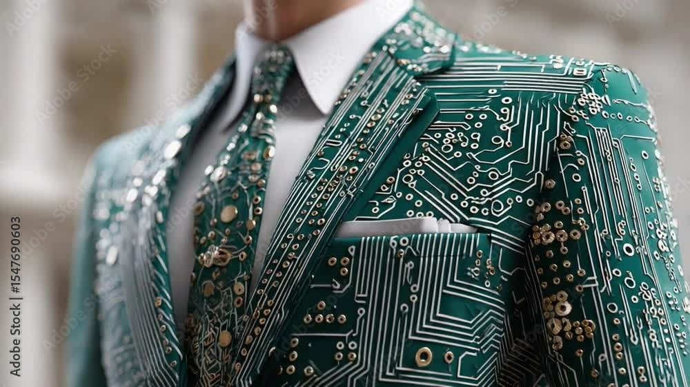 Poster the circuit suit: a meticulously crafted suit, where intricate circuit board patterns adorn the fabr