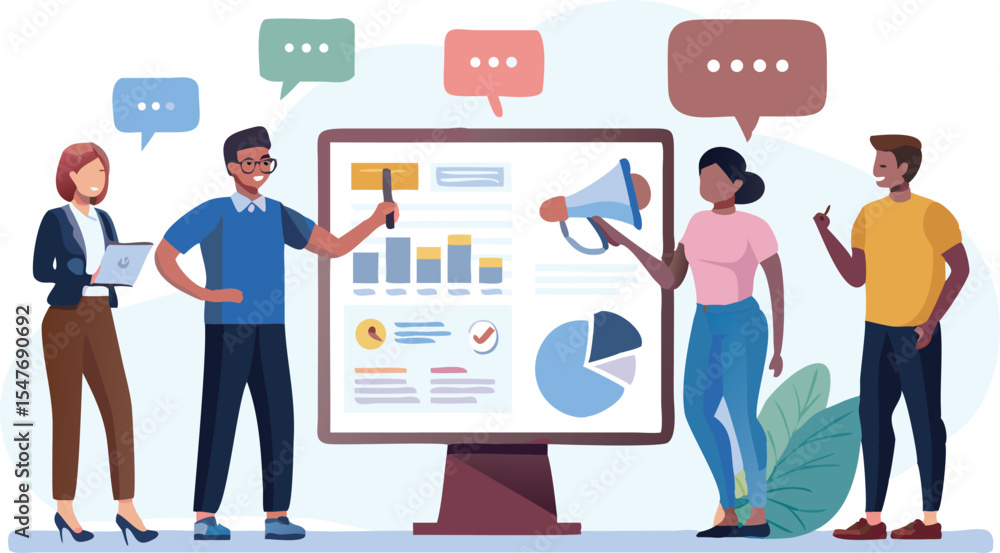Poster group of people presenting business data on a large screen with charts and graphs and speech bubbles