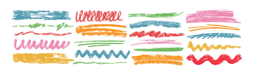 Charcoal underlines, color scribbles and wavy brush strokes. Kids hand drawn doodle squiggles, curly lines. Pencil chalk think and rough stripes, freehand crayon strikethroughs on white background