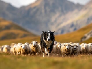 Herding sheep in the rolling hills during a sunny day with a skilled border collie guiding the flock
