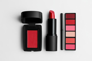 Graphic layouts for advertising beauty products featuring red cosmetics and shades