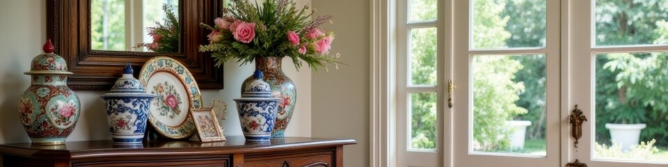 Elegant floral porcelain vases and plates on wooden sideboard in bright room