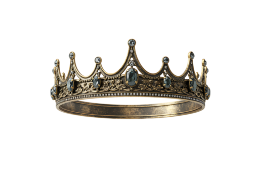 Gold crown adorned with dark stones sits against a black backdrop