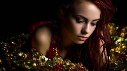 Fototapeta premium Mysterious woman surrounded by red berries in dark dramatic lighting for fashion beauty branding photography concept