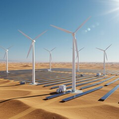  A large-scale wind and solar energy farm set in a desert landscape, emphasizing clean power and sustainability.