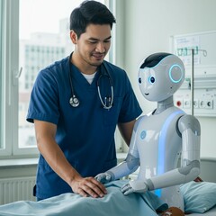 A nurse and AI-powered robot provide care in a hospital room, illustrating future healthcare collaboration between humans and machines.
