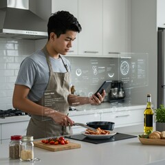 A person interacts with a voice assistant while cooking in a high-tech kitchen, showing the convenience of AI in daily tasks.