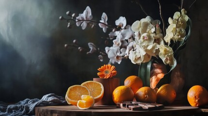 Still life with oranges and flowers on dark background for luxury food product branding photography classical setup