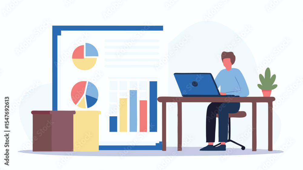Poster illustration of a person working at a desk with a laptop and data charts displayed behind them onlin