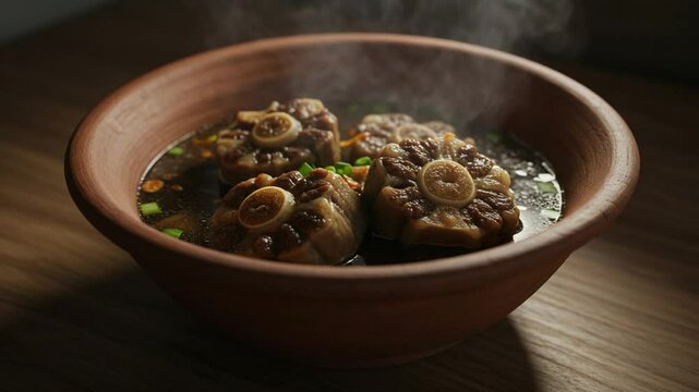 Hot Steaming Oxtail Soup in a Rustic Clay Bowl