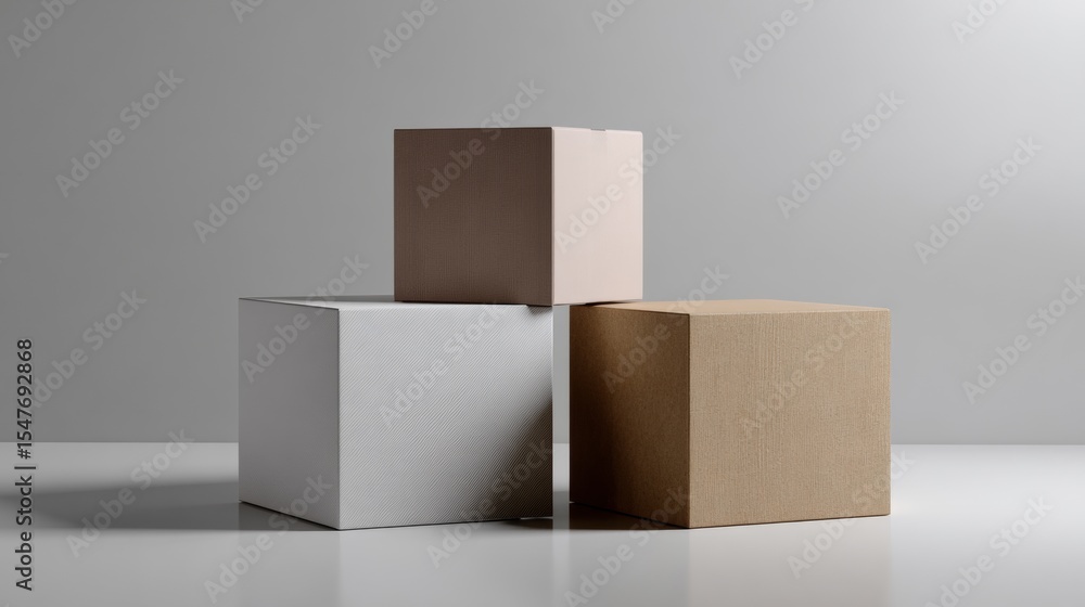 Poster minimalistic cardboard boxes and cubes composition with white background for product branding mockup