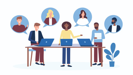 People in a virtual meeting with laptops and speech bubbles showing faces of remote participants online