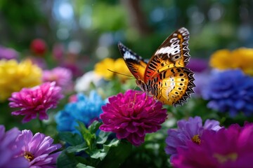 Colorful butterfly resting on vibrant flowers in a lush garden during sunny daylight