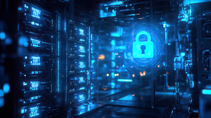 A modern and secure data center featuring a symbol of a futuristic lock for enhanced protection