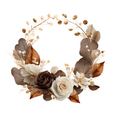 Rustic floral wreath with cream, brown, and beige roses, dried leaves, and neutral foliage, elegant boho botanical arrangement for autumn or vintage design, isolated on transparent background.







