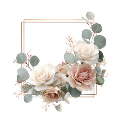 Boho floral frame with beige and blush roses, eucalyptus leaves, and gold square border, elegant botanical arrangement for wedding invitation or design, isolated on transparent background.