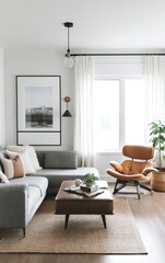Fototapeta premium A Stylish, Minimalist Living Room Featuring Cozy Furnishings and Abundant Natural Light