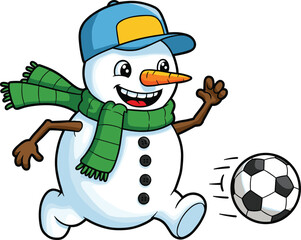 Cartoon snowman playing soccer, winter sports character, fun snow activity, happy snowman kicking football, festive holiday illustration, cheerful seasonal mascot