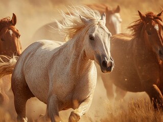 Majestic white horse leads a herd of wild horses running through golden grasslands at sunset