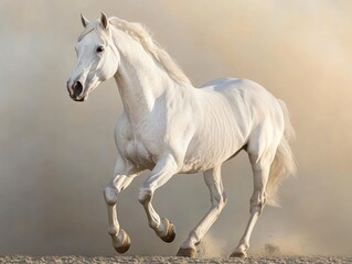 White horse galloping gracefully in a dusty landscape during golden hour