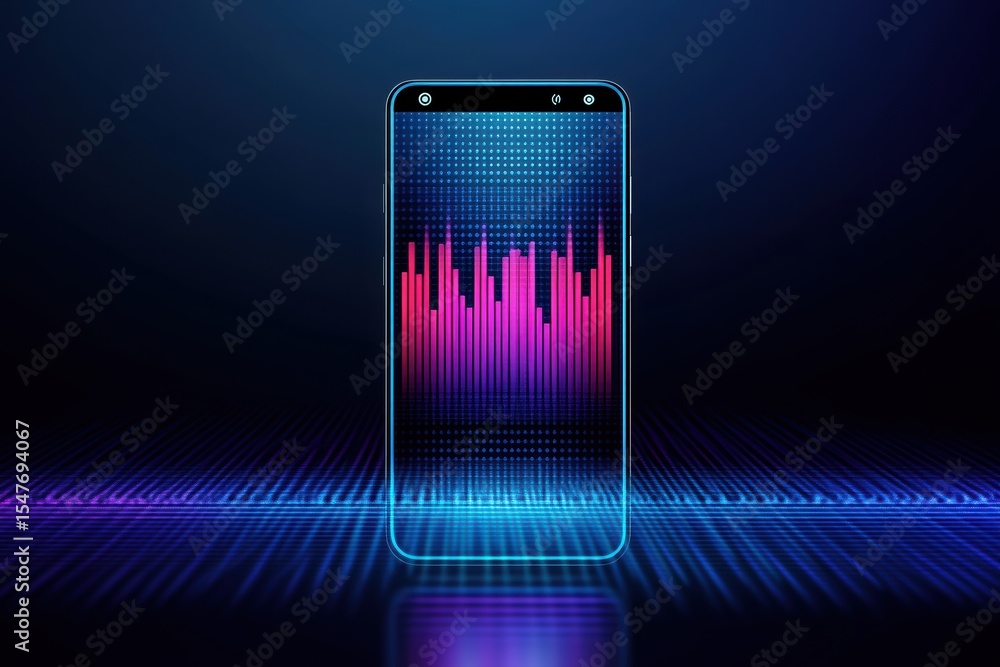 Poster visual representation of sound waves on a digital device in a modern setting at night