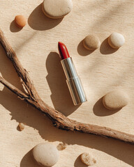 Vibrant red lipstick rests elegantly on light wood surface, surrounded by smooth stones and dry twig, creating serene and natural aesthetic