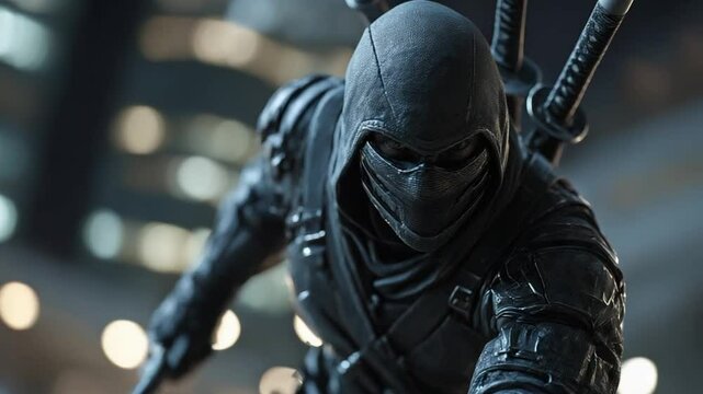 Stealthy ninja figure in action, urban background setting