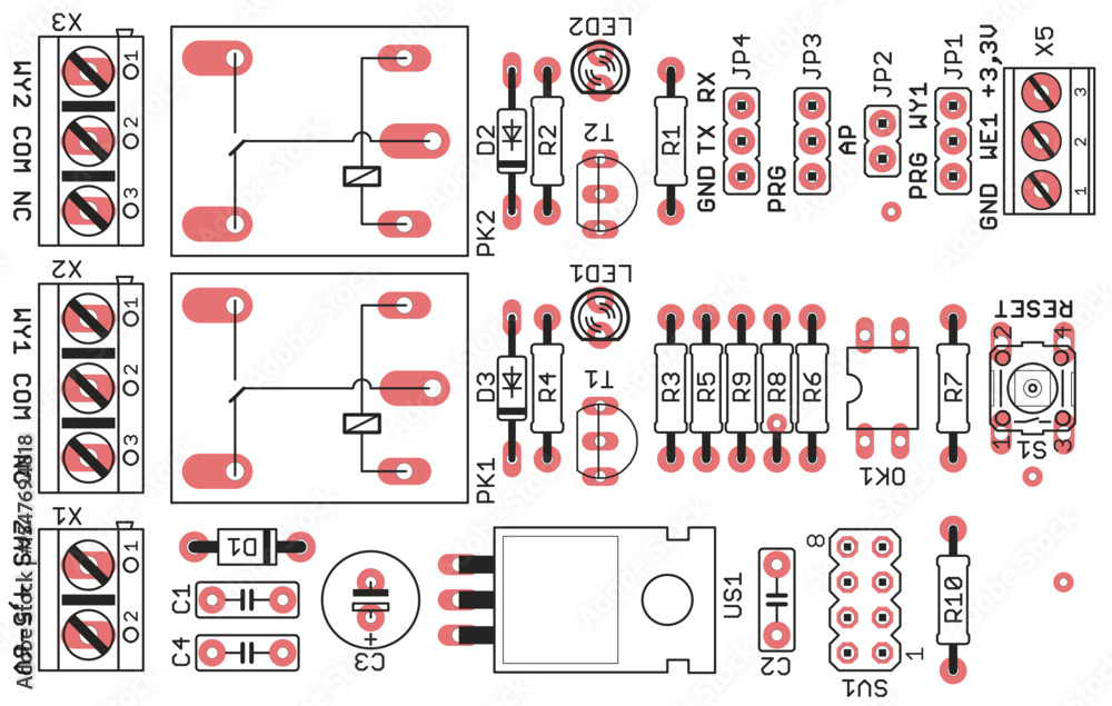 Poster placement of components set of radio elements (contact pads and seats - footprint) on printed circui