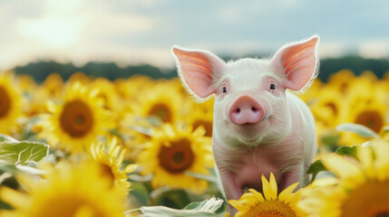 A cute piglet standing in a field of sunflowers, its pink color contrasting beautifully with the golden flowers 