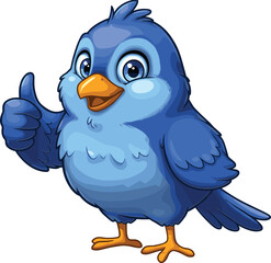 Cute blue bird cartoon character giving thumbs up, happy animal mascot, cheerful bird illustration, isolated vector, positive gesture artwork.