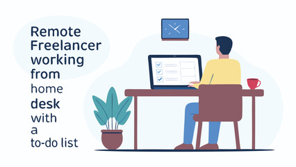 Illustration of a remote worker at a desk with a laptop, plant, clock, and coffee cup in a home office setup