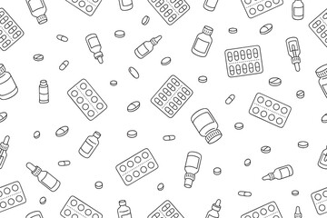 Seamless pattern with medicines, pills, capsules, drugs. Medical pharmacy background. Black and white thin line icons. Vector 
