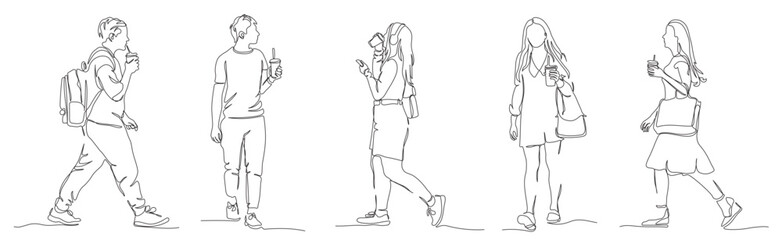 People men and women with drink and straw walking set. Continuous line drawing elements. Black and white vector illustration in line art style.