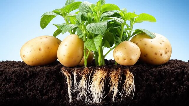 Fresh Potatoes Growing in Soil with Green Leaves and Exposed Roots Against a Blue Sky Background