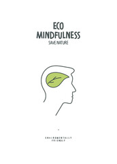 Vector hand drawn sketch of person profile with green leaf as a sing of eco mindfulness. Environmentally friendly planet  concept. 