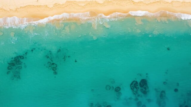 Aerial View of Turquoise Ocean Waves Crashing on Sandy Beach Coastal Paradise