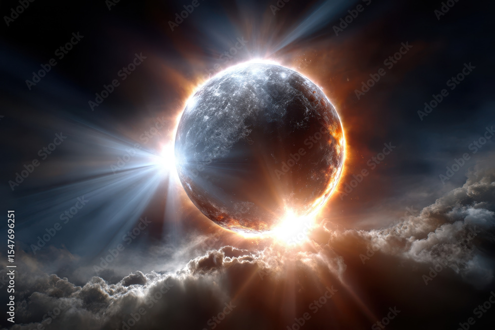 Poster celestial event showcases a breathtaking solar eclipse surrounded by dynamic clouds