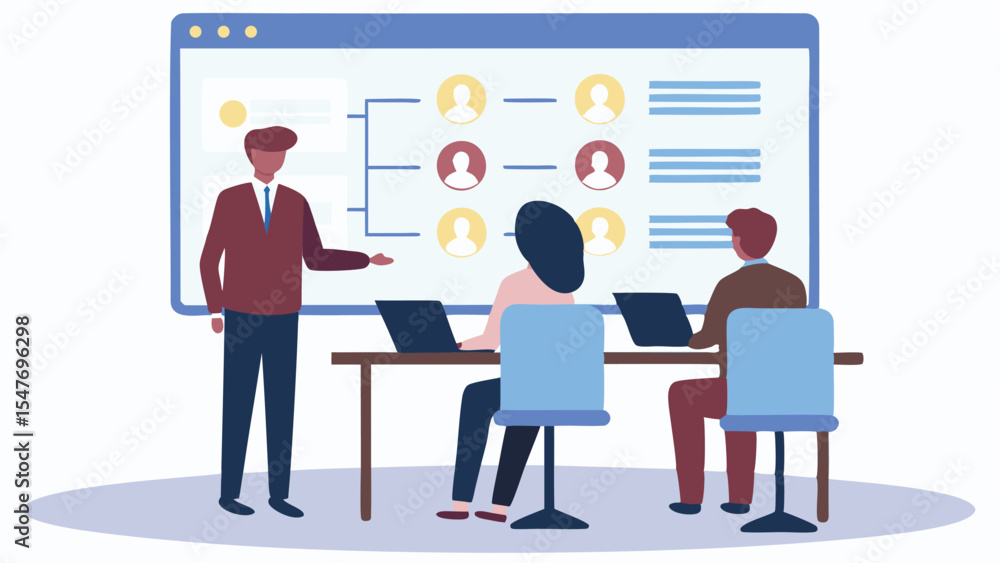 Poster man presenting organizational chart to seated colleagues with laptops in a meeting room setting clea