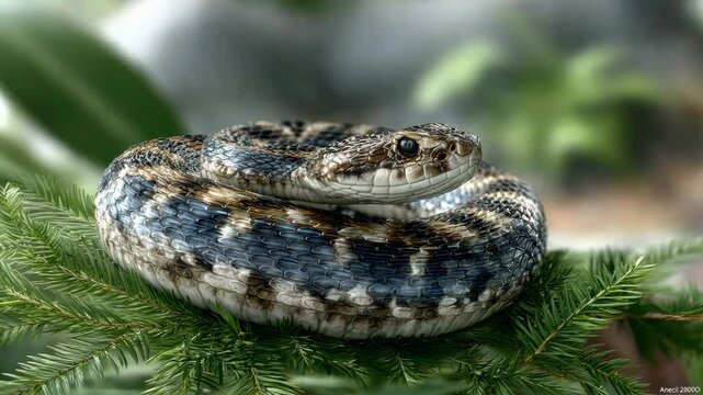 Coiling python rests on lush green foliage in a tropical forest during the bright daylight hours, showcasing its vibrant colors and intricate patterns