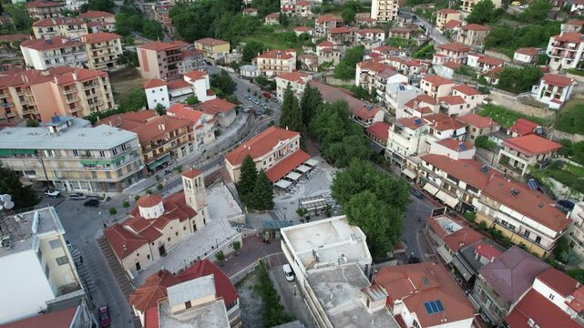 Karpenisi Town Center Aerial Drone View, Scenic Urban Landscape with Streets and Buildings, in Central Greece