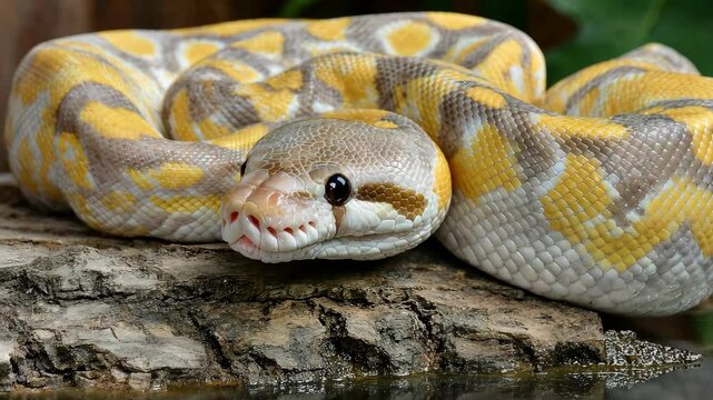 Colorful Python rests on a log near water in a tropical setting showcasing its vibrant scales and calm demeanor