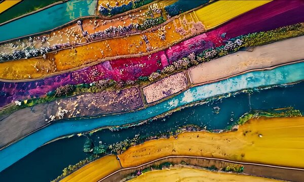 Aerial view of vibrant agricultural fields showcasing colorful patterns and water channels in harmony