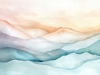 Tranquil watercolor landscape depicting gentle mountains at sunset with soft pastel colors blending harmoniously