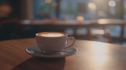 Fototapeta premium Sunrise latte art in a cafe ambiance, a tranquil moment to start the day